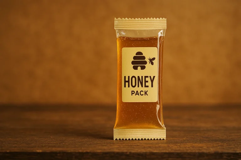 A single-serving honey pack sachet labelled Honey Pack