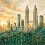 Kuala Lumpur skyline with Islamic geometric patterns — Malaysia Islamic finance industry tops US$800 billion