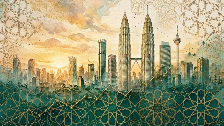 Kuala Lumpur skyline with Islamic geometric patterns — Malaysia Islamic finance industry tops US$800 billion